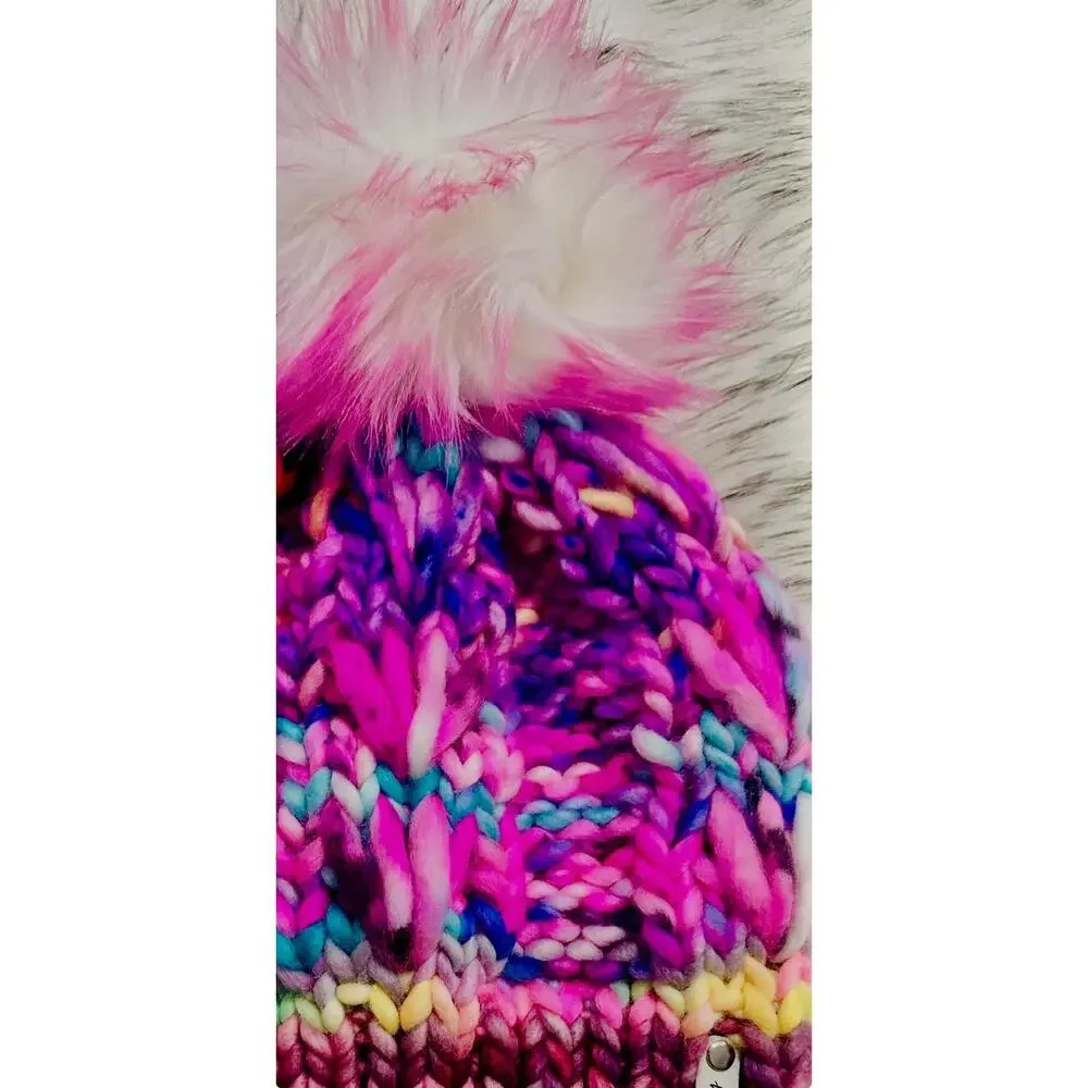 Hand Knit Merino Wool Scrappy Lake Erie Beanie: Faux Fur Pom - Adult Size